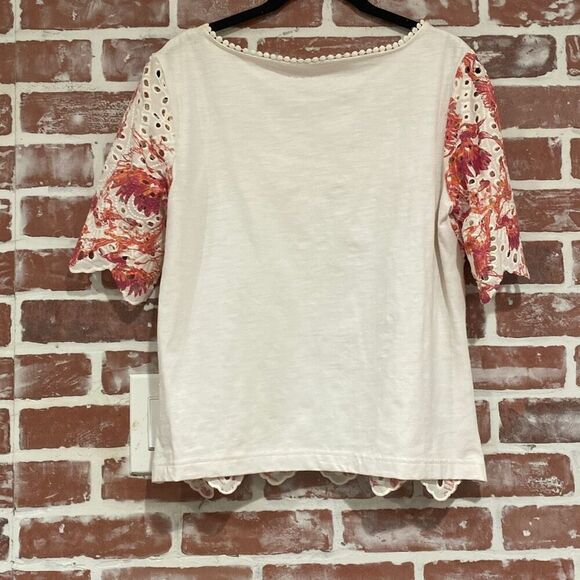 Anthropologie Porridge Ivory Eyelet Pink Hummingbird Scalloped Hem Top Small c7 - Picture 3 of 6